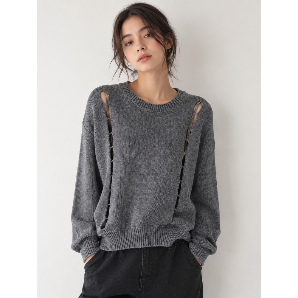 A-rabbit Korean Metallic Grey Sweater Sz Small Urban Retro Cut Outs Boho Y2k